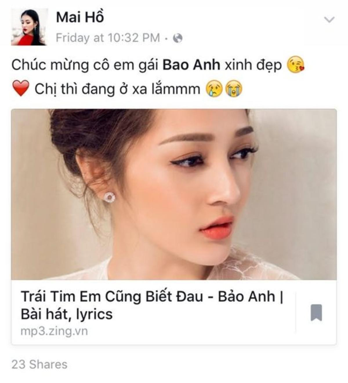 Mai Hồ chia sẻ 'Trái tim em cũng biết đau' trên trang cá nhân.