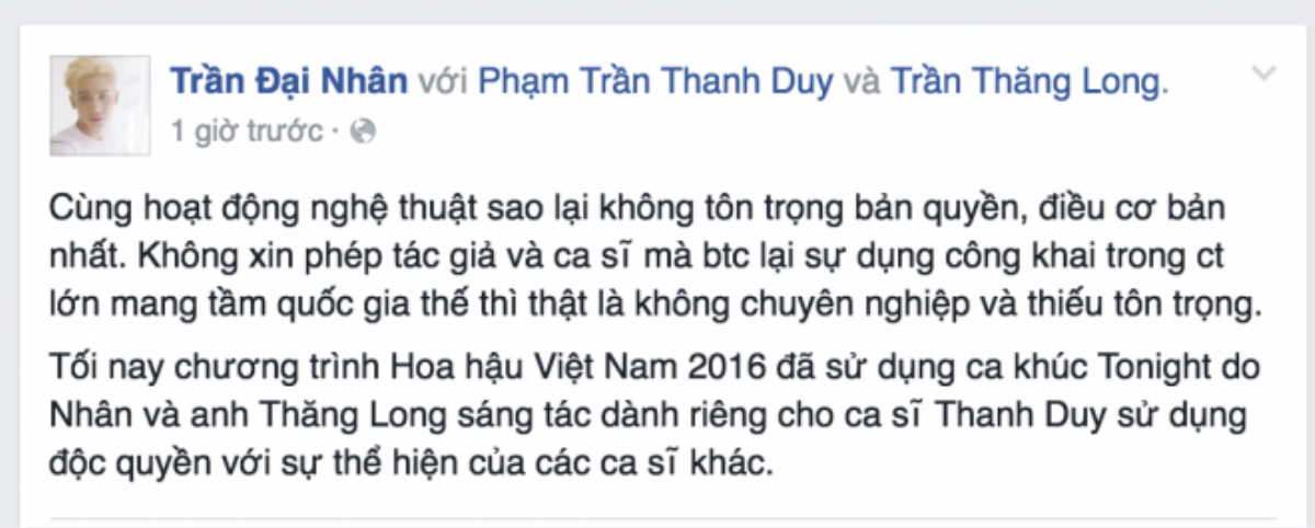 Ngay lập tức, Đại Nhân cũng lên tiếng bức xúc khi sản phẩm âm nhạc của mình bị sử dụng không một lời xin phép.