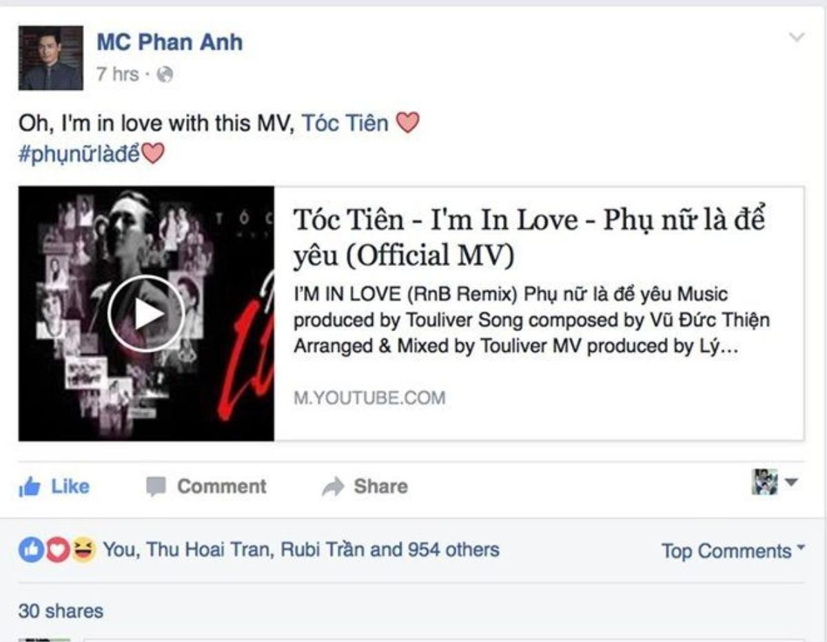 MC Phan Anh bày tỏ tình yêu của mình với MV của Tóc Tiên.