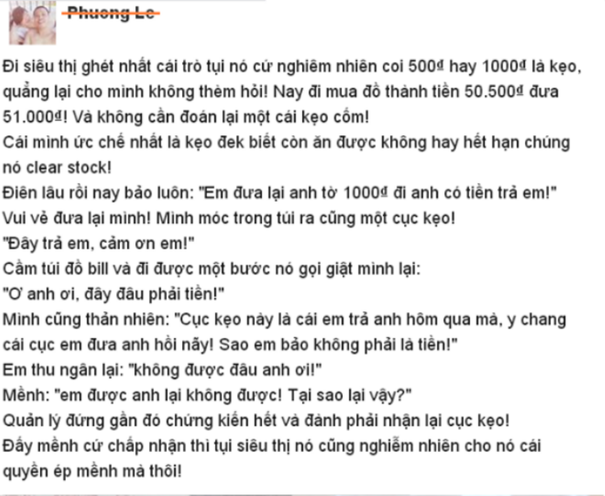 Chia sẻ "độc chiêu" đối phó với kiểu trả tiền thừa bằng kẹo ở siêu thị của Facebook Phuong Le