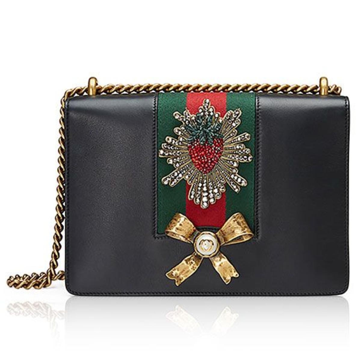 Gucci-Peony-Medium-Strawberry-Chain-Shoulder-Bag-in-Black