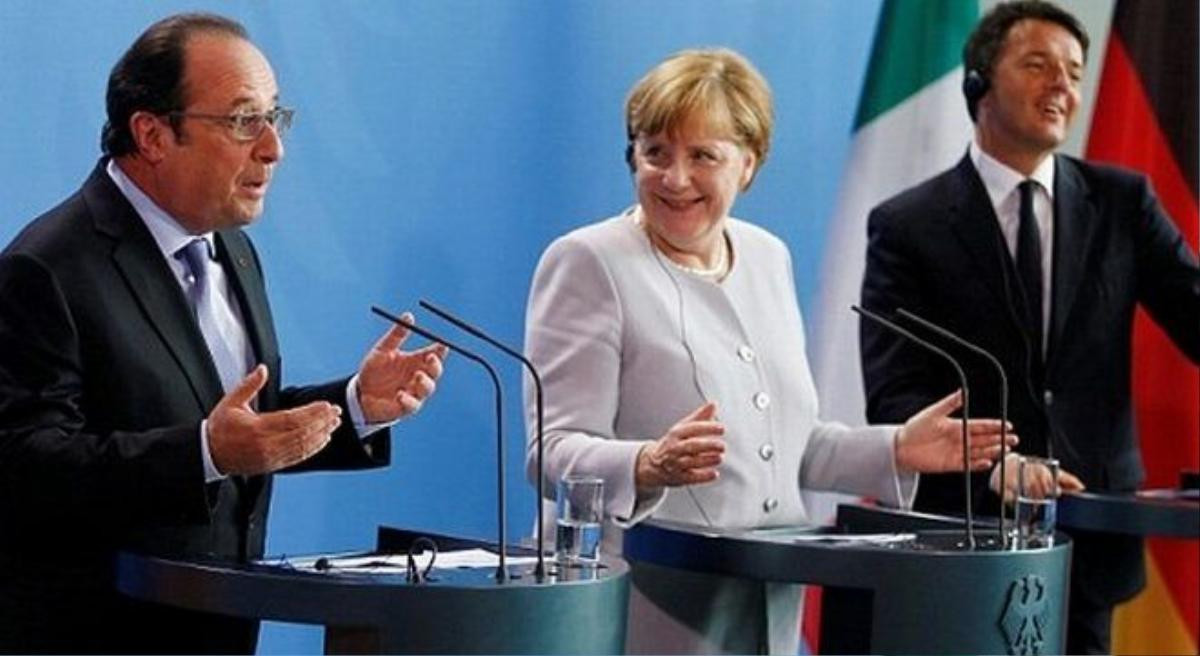 Tổng thống Pháp Hollande, Thủ tướng Đức Merkel và Thủ tướng Italia Renzi (từ trái qua phải)