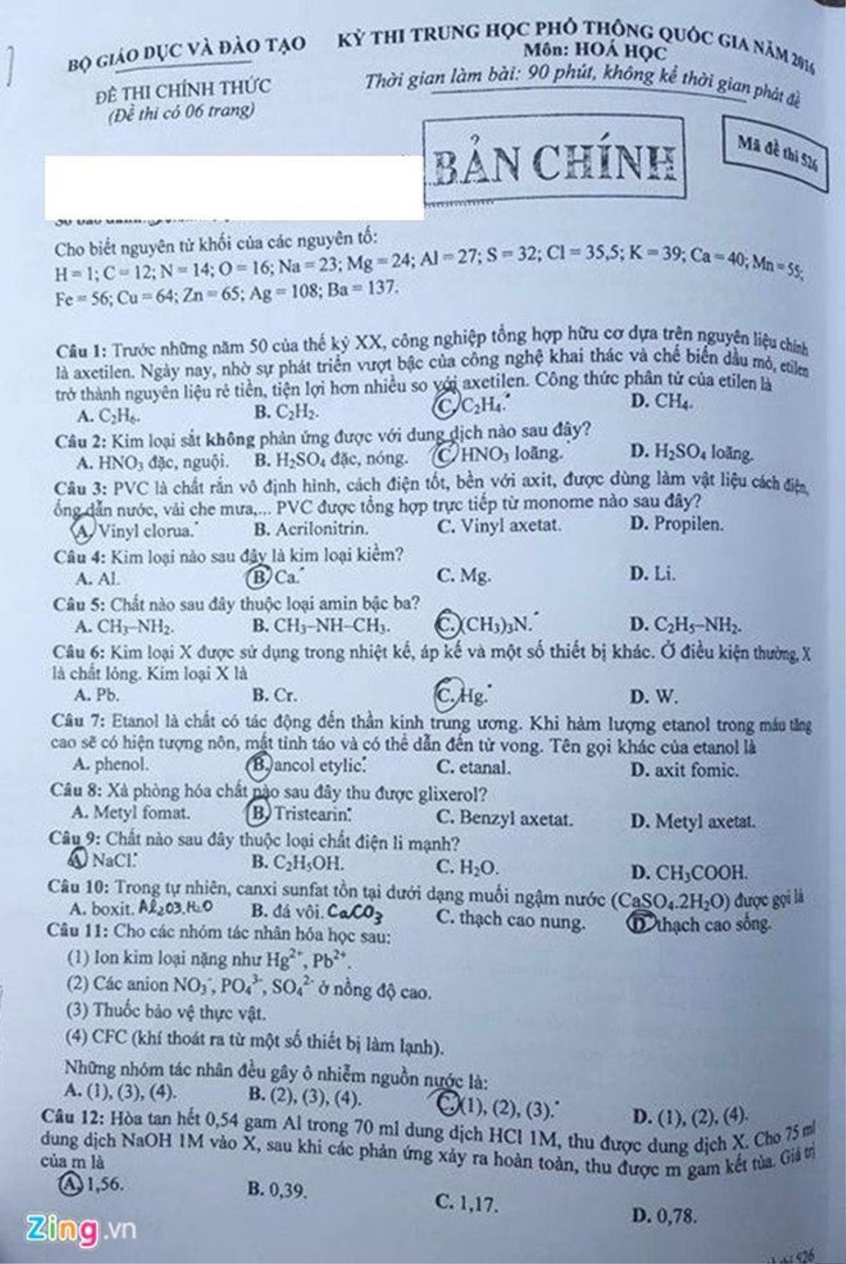 Bài giải, đề thi môn Hóa học THPT quốc gia 2016 Ảnh 2