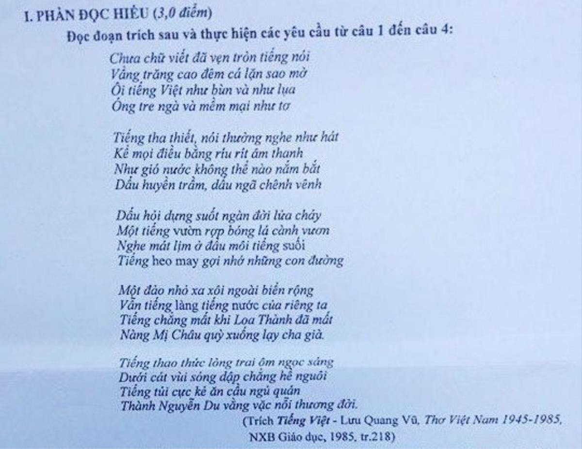 Trích đề thi môn Văn - kỳ thi tốt nghiệp PTTH toàn quốc 2016.