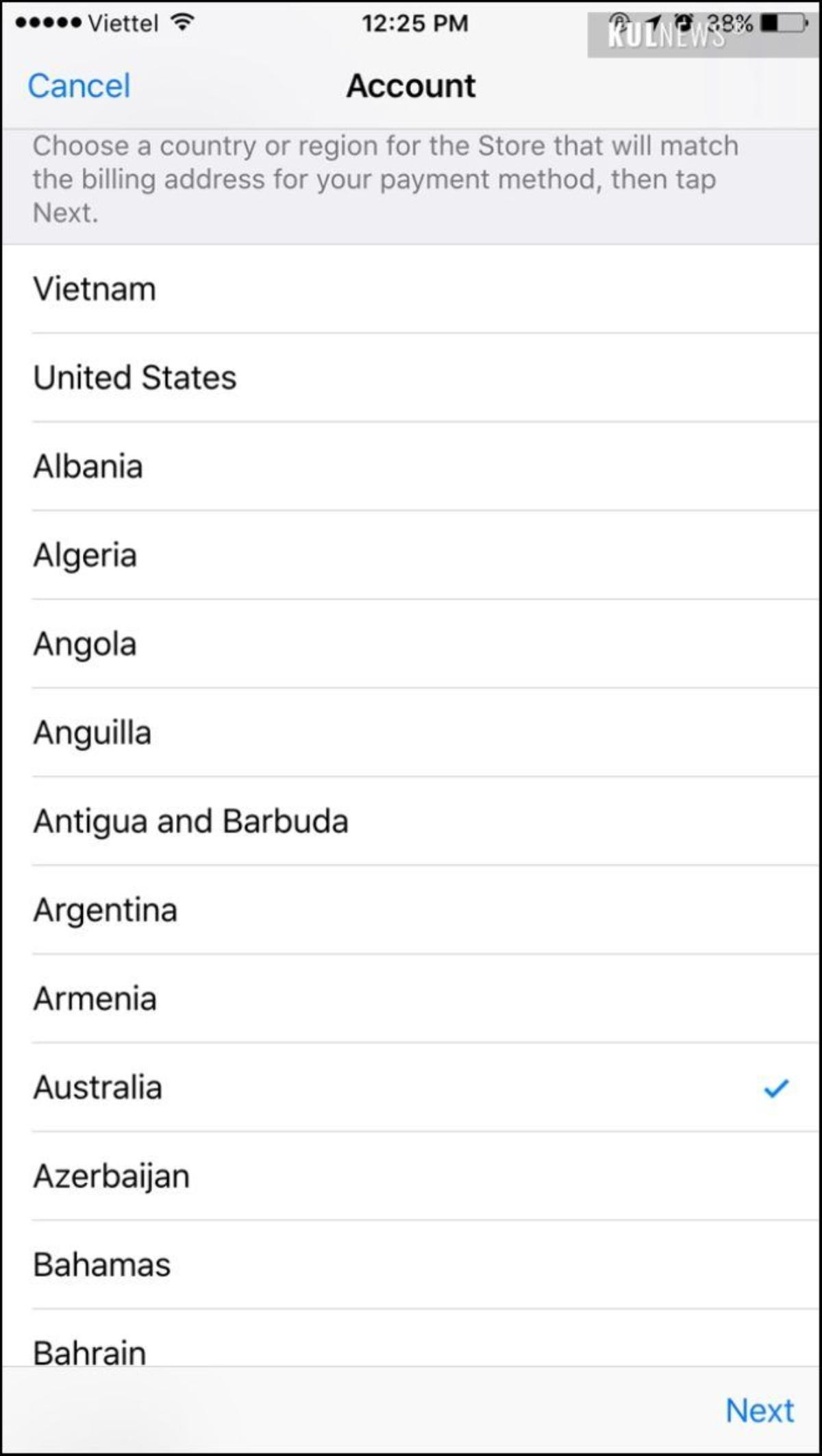 Sau đó chọn khu vực Australia. 