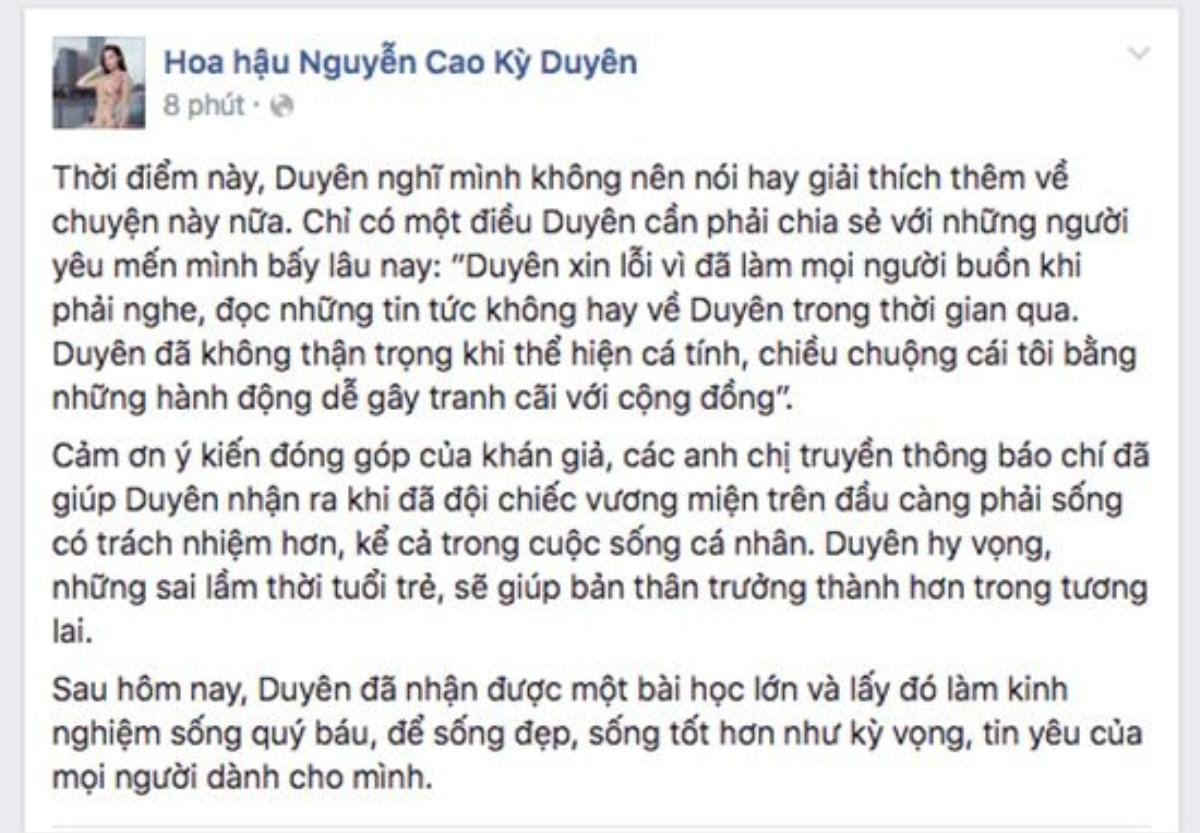 Hoa hậu Kỳ Duyên gửi lời xin lỗi sau sự cố lộ ảnh hút thuốc.