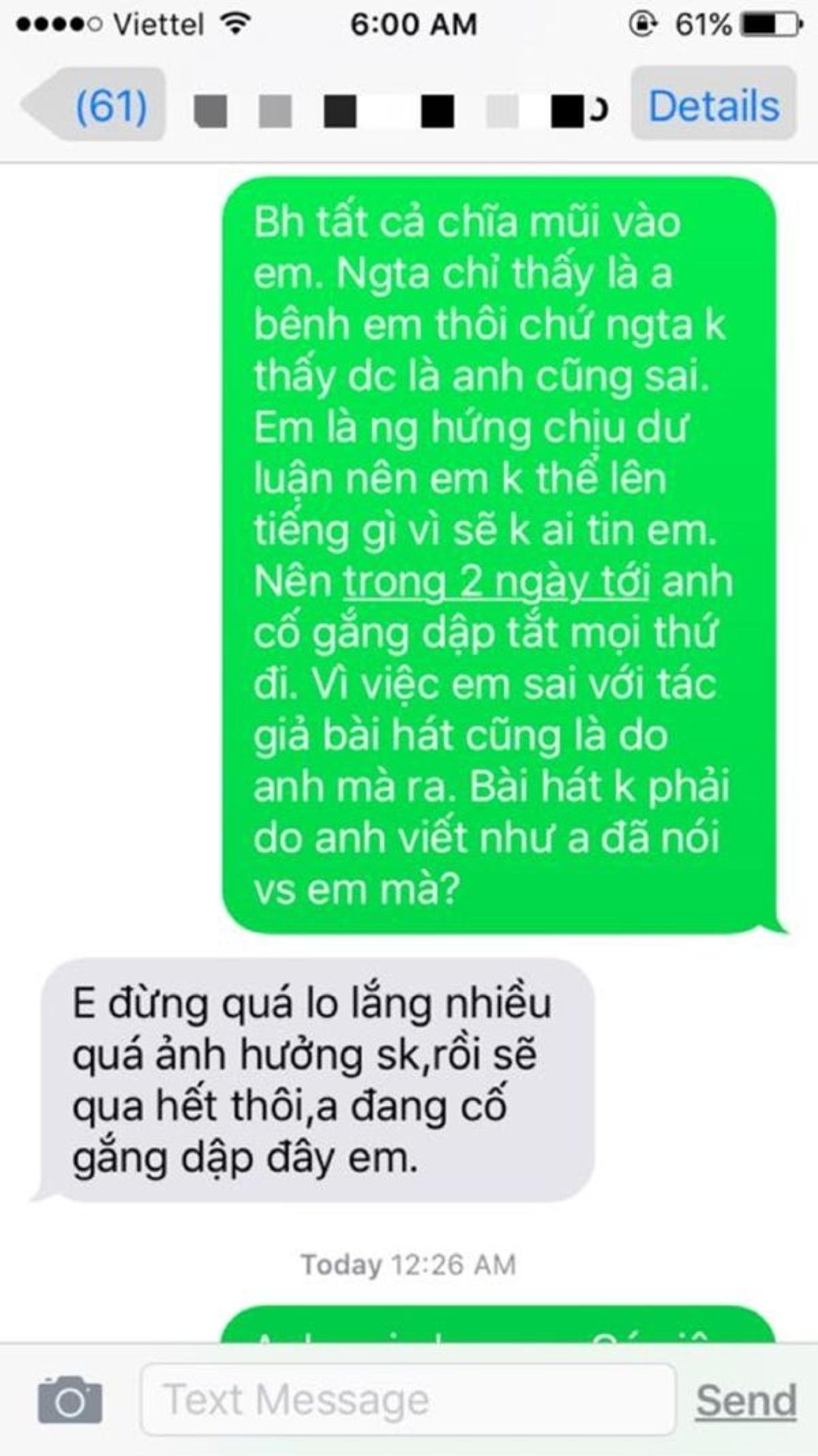 Dẫn chứng của Mờ Naive trong tâm thư mới nhất chính là tin nhắn của cô và nhạc sĩ Nguyễn Minh Ngọc.