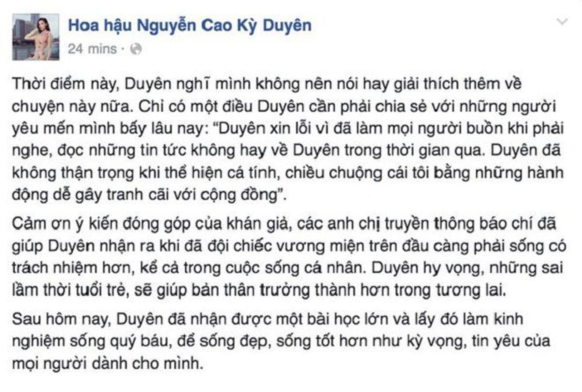 Ngay sau sự cố, Hoa hậu Kỳ Duyên lên tiếng xin lỗi. Cô cho rằng