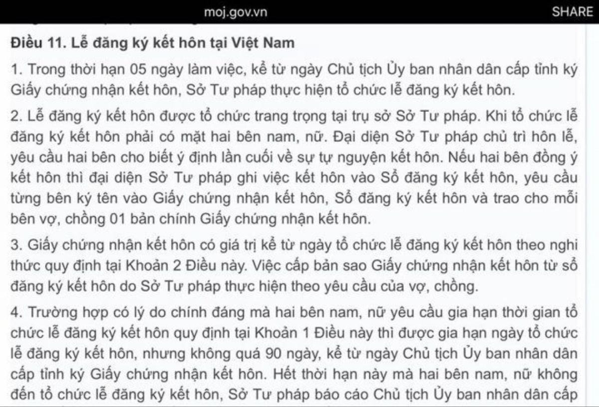 Đồng thời, cô còn đăng tải hình ảnh chụp lại điều 11 trong Nghị định quy định chi tiết thi hành của Luật Hôn nhân và gia đình về quan hệ hôn nhân và gia đình có yếu tố nước ngoài để mọi người hiểu rõ hơn câu chuyện.