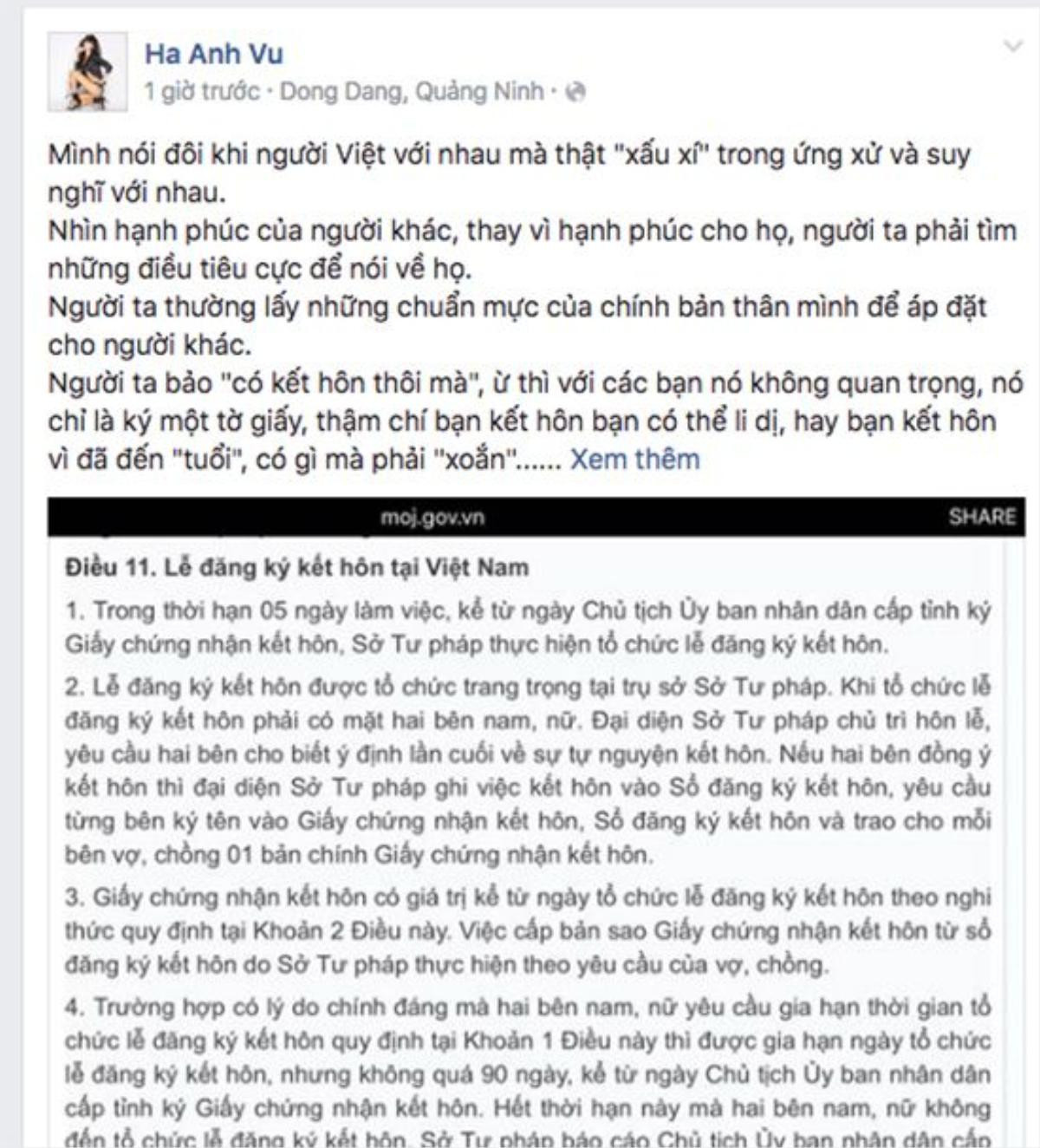 Hà Anh chia sẻ dòng trạng thái khá dài sau khi đọc những bình luận khiếm nhã từ cư dân mạng về lễ đăng ký kết hôn của mình.