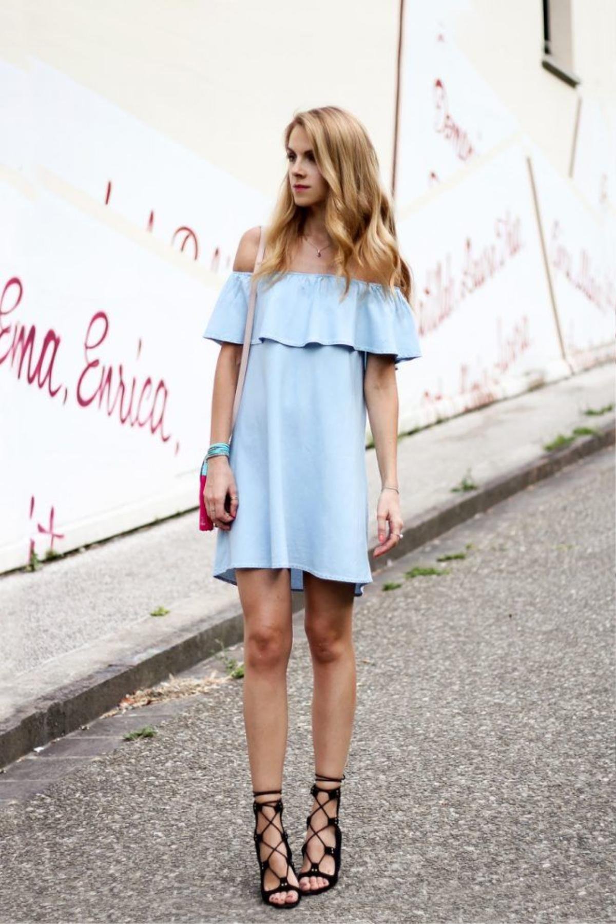 mango-off-shoulder-denim-dress-laceup-sandals-tassel-bracelet-1c