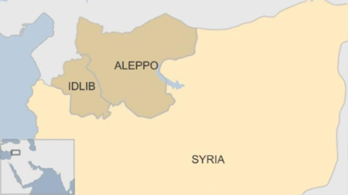 Bản đồ Syria cho thấy vị trí của Aleppo, nơi trực thăng cất cánh, và Idlib, nơi trực thăng bị bắn rơi. Đồ họa: BBC