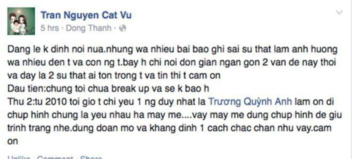 Khoảng thời gian này, Tim nhiều lần chia sẻ những dòng trạng thái thể hiện niềm thương nhớ đối với Trương Quỳnh Anh và bé Sushi. Anh khẳng định từ năm 2010 đến nay chỉ yêu một mình Trương Quỳnh Anh mà thôi.