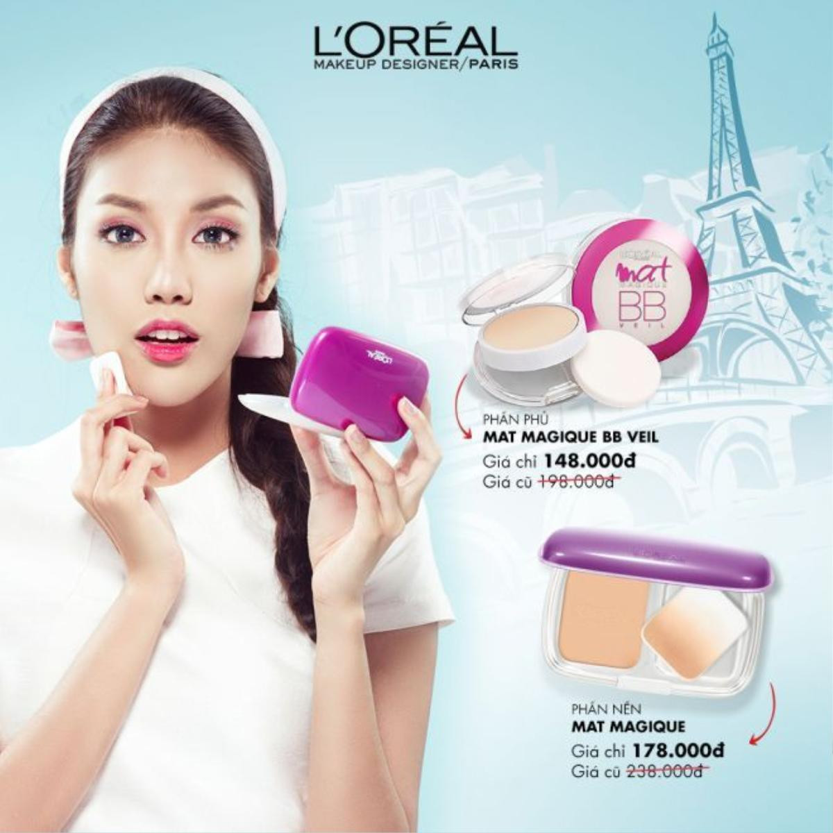 Mat Magique - Dòng phấn nền mịn mượt, kiểm soát dầu đình đám của L’Oreal Paris cũng được định giá mới chỉ từ 148,000đ đến 178,000đ.