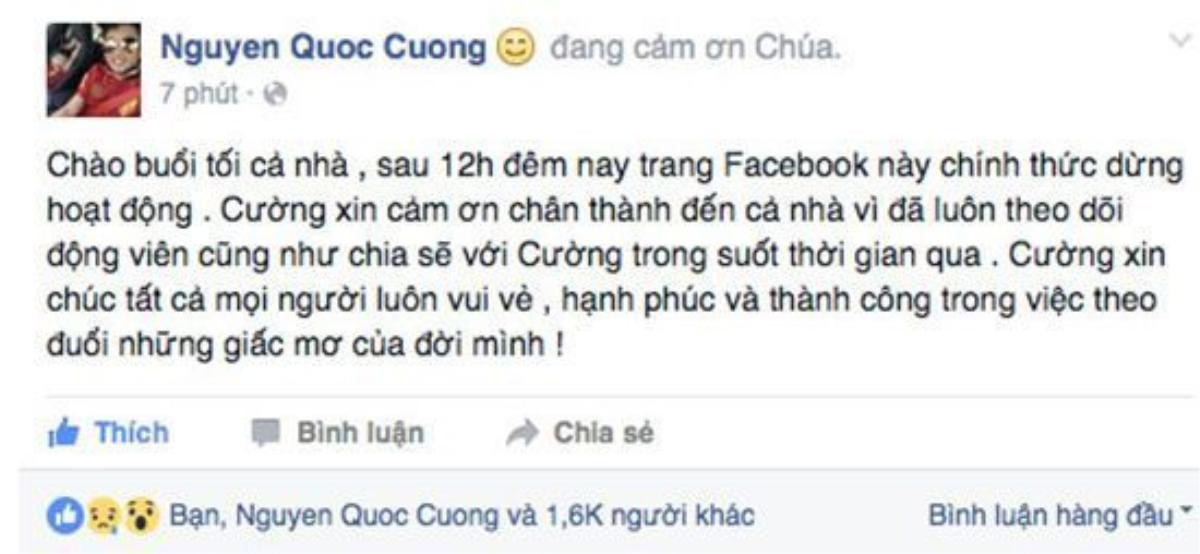 Ngày 26/04/2016 Cường Đô la tuyên bố đóng cửa Facebook và InstagramInstagram.