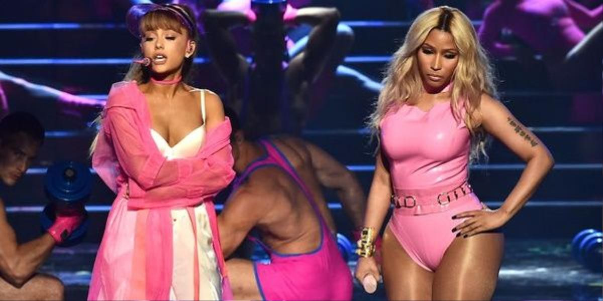 NEW YORK, NY - AUGUST 28: Ariana Grande and Nicki Minaj perform onstage during the 2016 MTV Video Music Awards at Madison Square Garden on August 28, 2016 in New York City. (Photo by Theo Wargo/MTV1617/Getty Images for MTV)