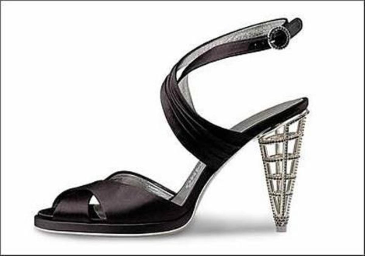 Salvatore Ferragamo's "Cage Heel" invented in 1955 but still in production today as seen in this rhinestone encrusted example from 2006.