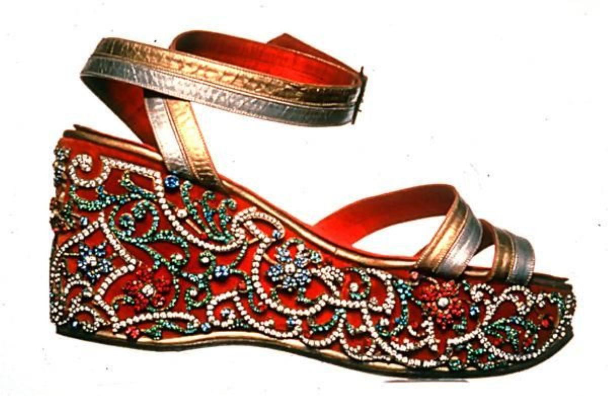 Salvatore Ferragamo's 1938 "Maharani" wedge sandal made for Indira Devi, Maharani of Cooch Behar.