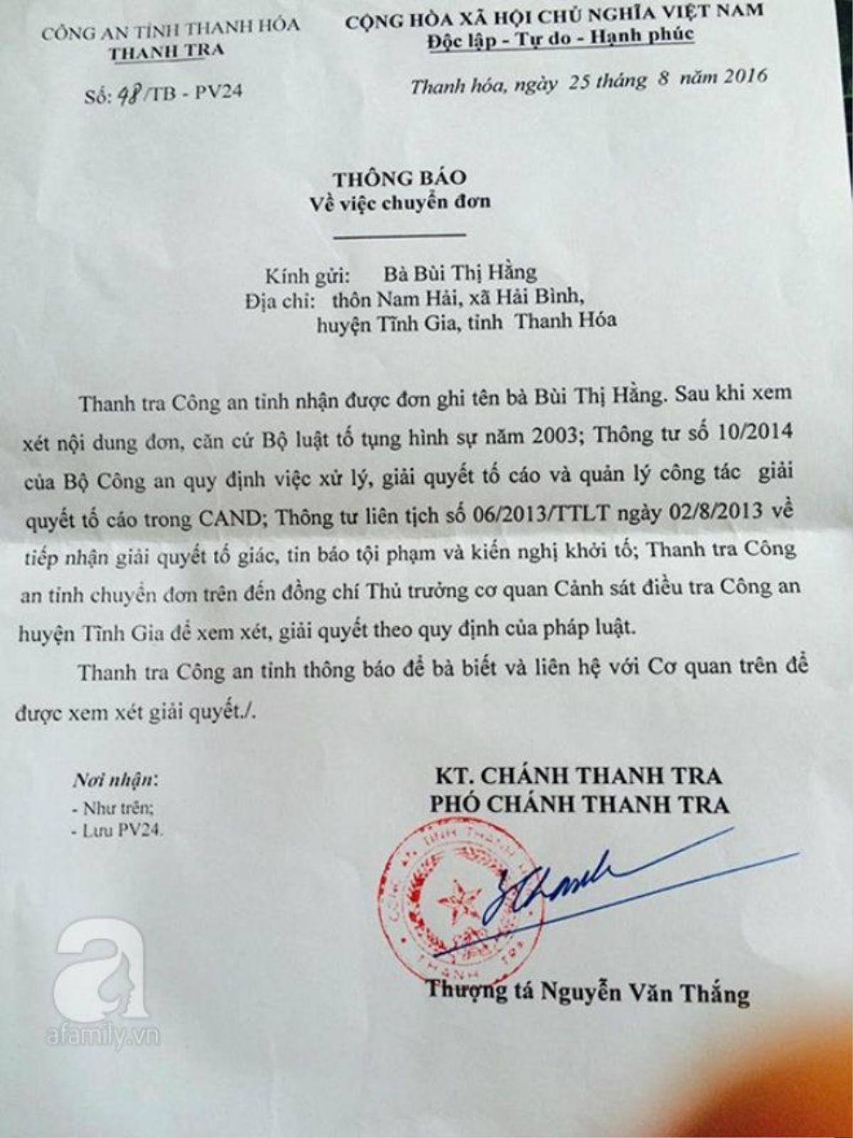 Công văn của Thanh tra công an tỉnh Thanh Hóa trả lời công dân