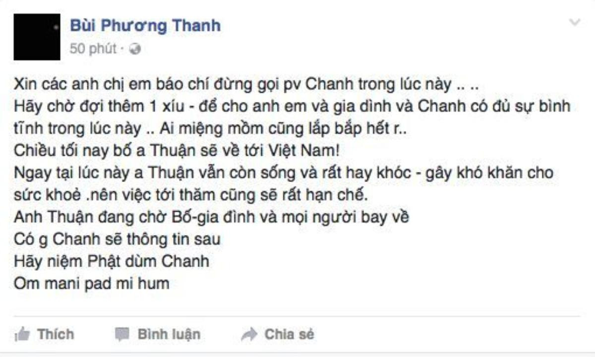 Dòng chia sẻ của Phương Thanh trên trang cá nhân.