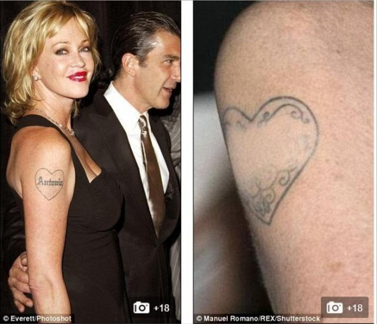 Trải qua 18 năm gắn bó, Melanie Griffith và Antonio Banderas chia tay trong sự tiếc nuối của người hâm mộ. Sau khi ly hôn, Melanie Griffith đã xóa hình xăm tên “Antonio” ở giữa trái tim trên bắp tay của mình