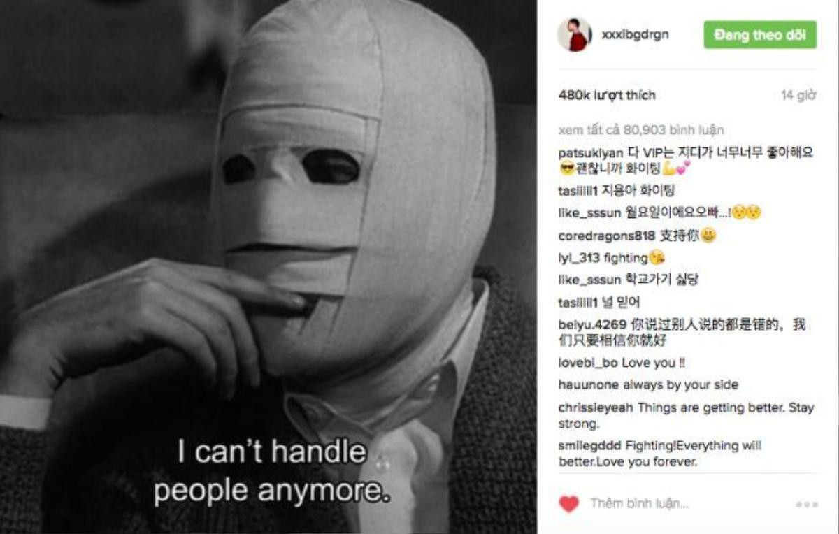 Cập nhật mới nhất của G-Dragon trên trang Instagram chính thức.