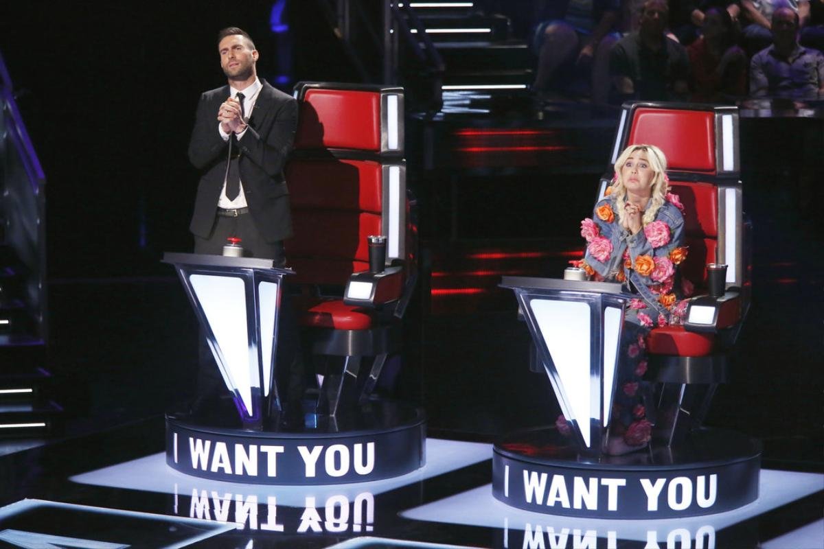 THE VOICE -- "Blind Auditions" -- Pictured: (l-r) Adam Levine, Miley Cyrus -- (Photo by: Trae Patton/NBC)