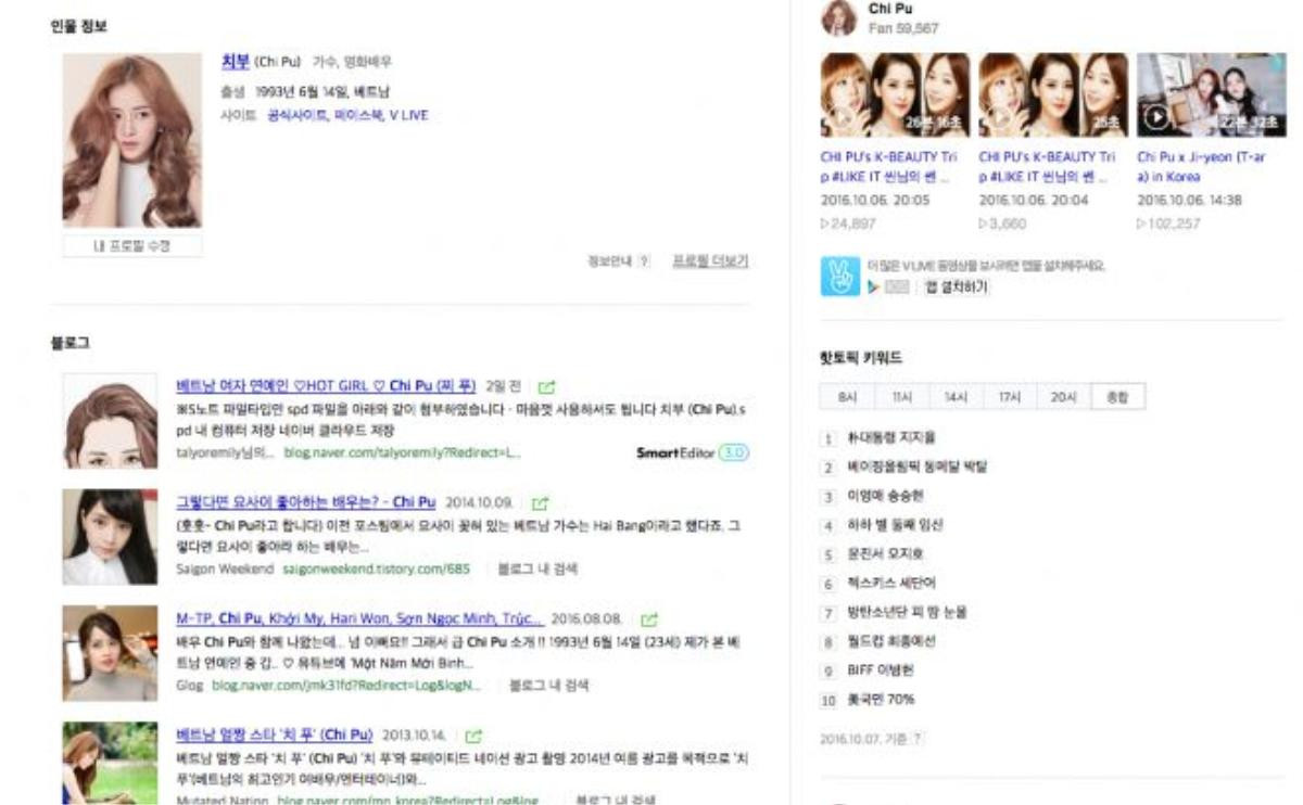Chỉ cần "search" từ khóa Chi Pu trên trang tìm kiếm lớn nhất của Hàn Quốc, chúng ta không khó bắt gặp những bài viết, thông tin về nữ diễn viên xinh đẹp của Việt Nam.
