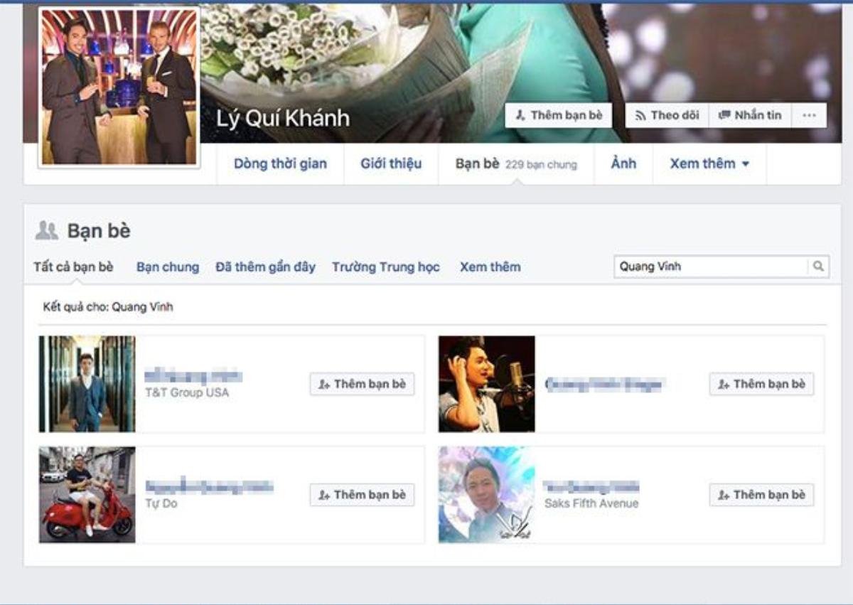 Trên Facebook của Lý Quí Khánh cũng không còn kết bạn với Quang Vinh.