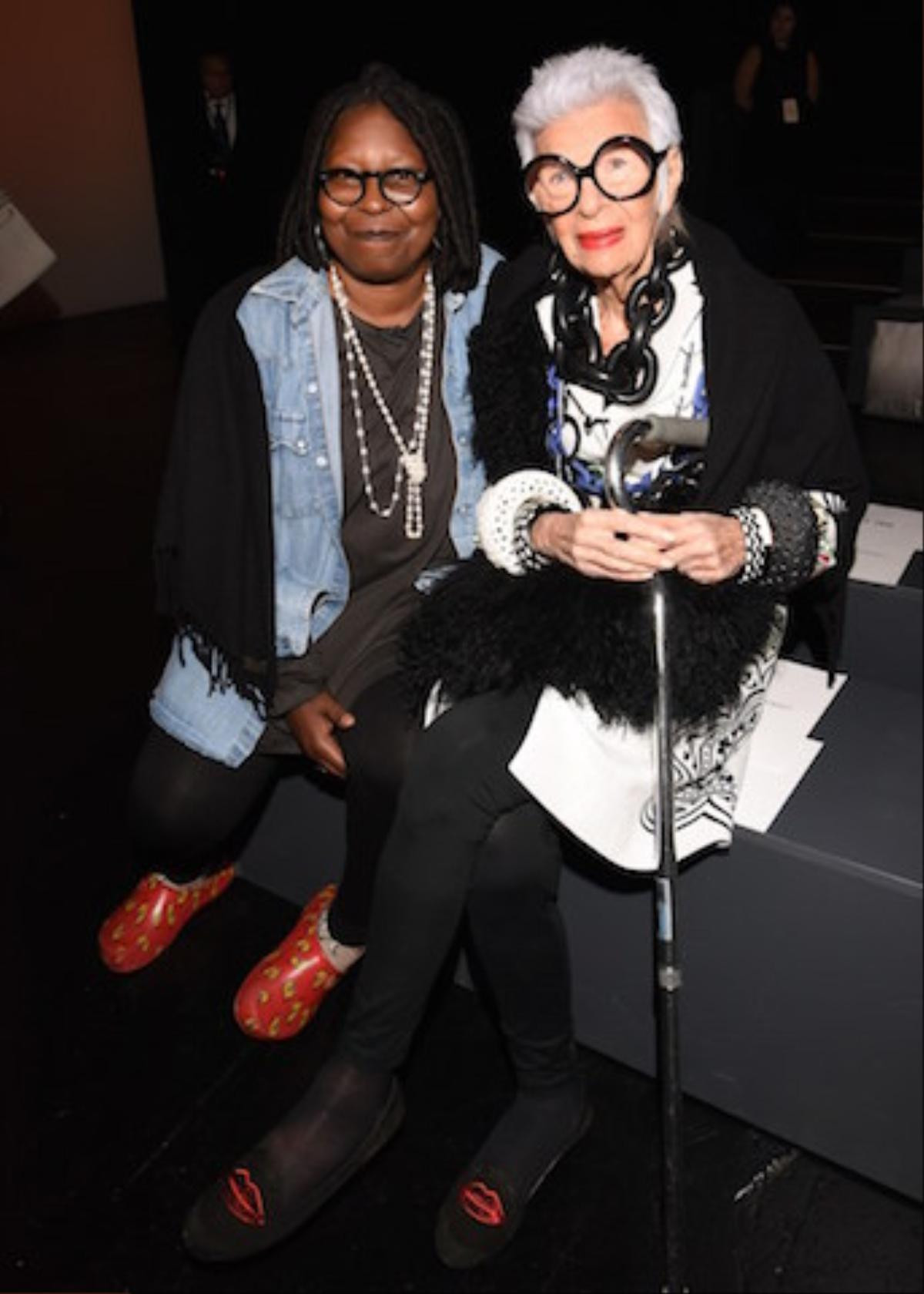 NEW YORK, NY - SEPTEMBER 15: Actress Whoopi Goldberg and Iris Apfel attend Carmen Marc Valvo Women's and Men's Collection S/S 2016 during New York Fashion Week: The Shows at The Arc, Skylight at Moynihan Station on September 15, 2015 in New York City. (Photo by Vivien Killilea/Getty Images for Carmen Marc Valvo)