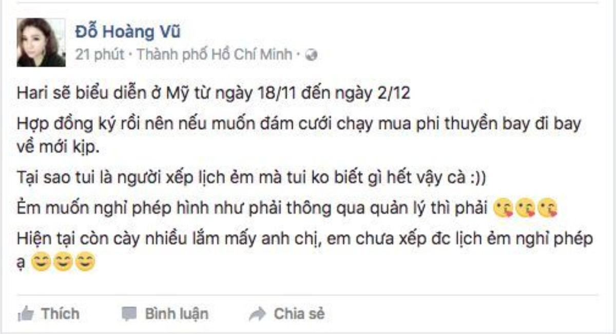 Chia sẻ của quản lý Hari Won.