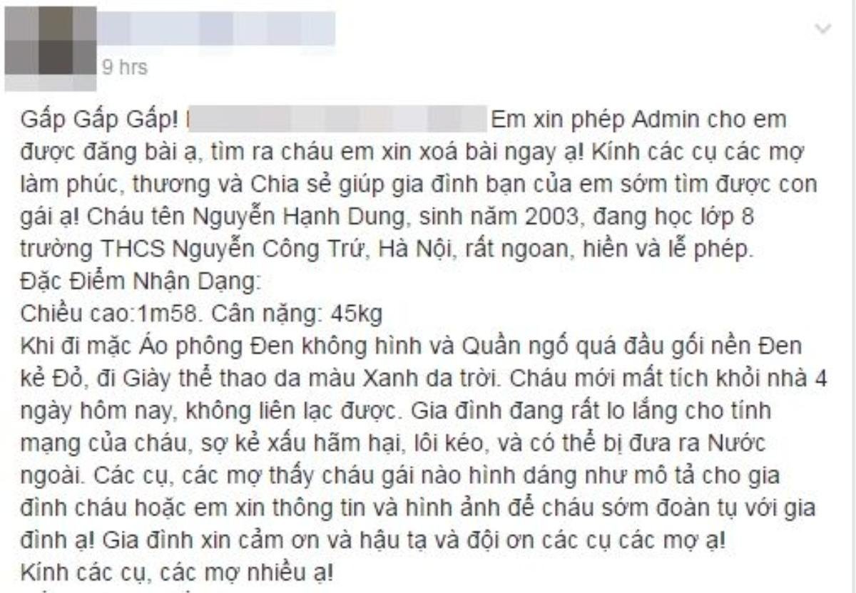 Thông tin về nữ sinh mất tích được đăng tải.