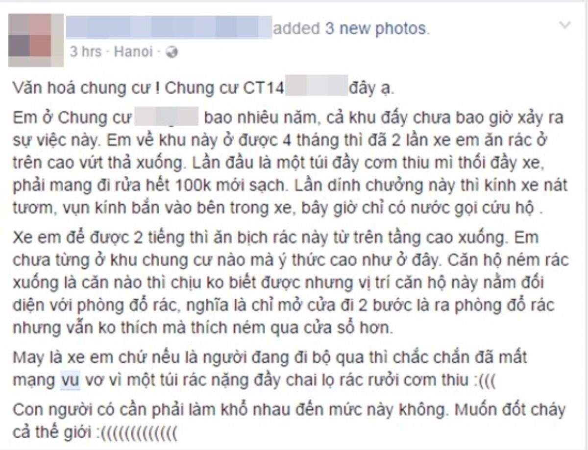 Chị N. bức xúc vì túi rác ở đâu bay tới làm vỡ vụn cửa kính trước chung cư.