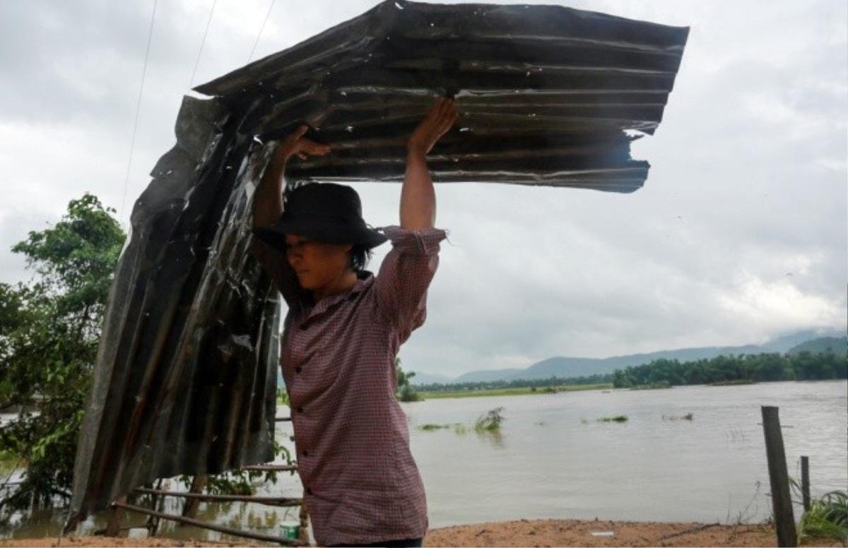 Người dân thị trấn La Hai, huyện Đồng Xuân vớt vát những tấm tôn ven sông để sửa chữa lại căn nhà sau lũ. 