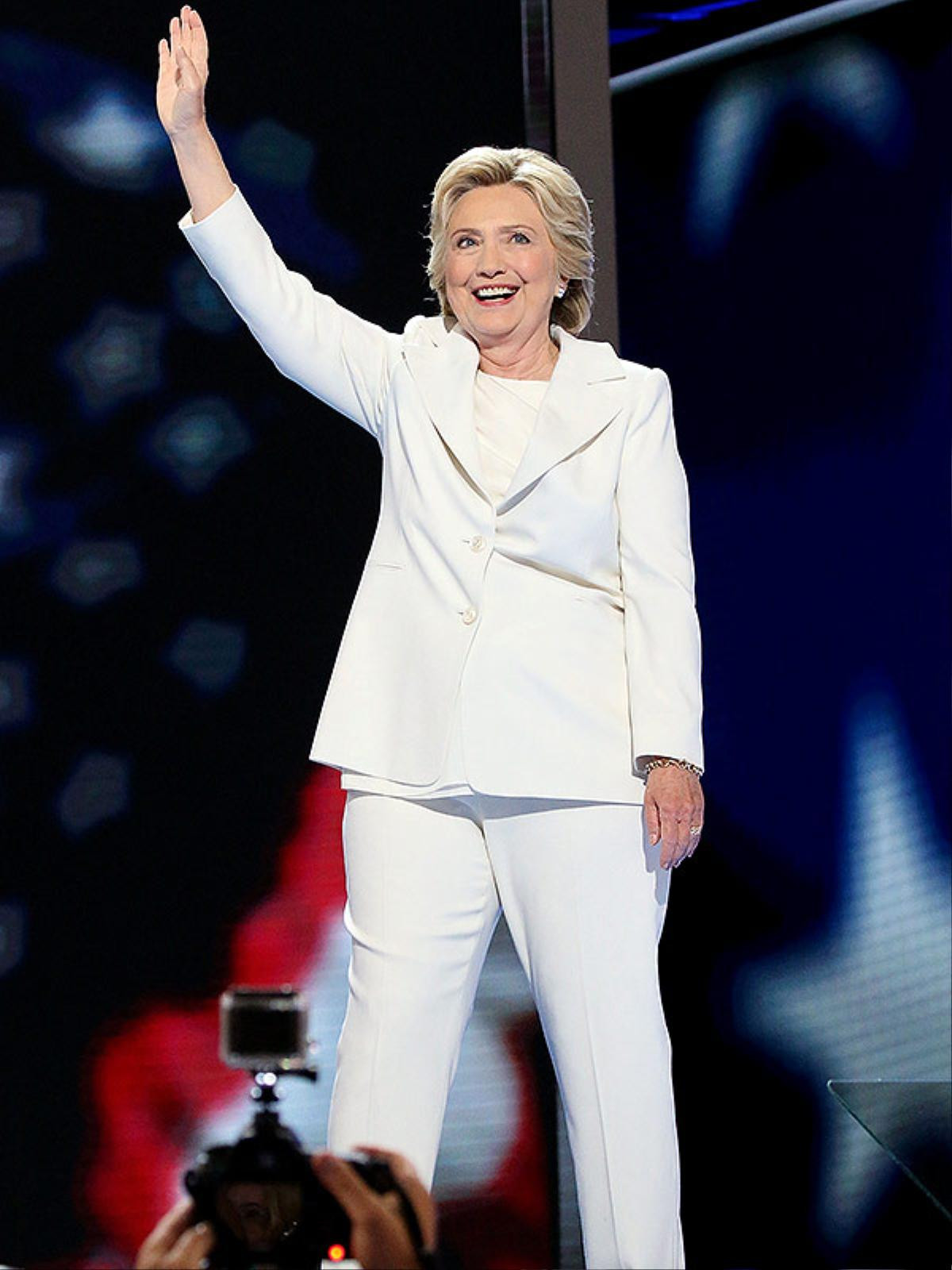 PHILADELPHIA, PA - JULY 28: Democratic presidential candidate Hillary Clinton acknowledges the crowd at the end on the fourth day of the Democratic National Convention at the Wells Fargo Center, July 28, 2016 in Philadelphia, Pennsylvania. An estimated 50,000 people are expected in Philadelphia, including hundreds of protesters and members of the media. The four-day Democratic National Convention kicked off July 25. (Photo by Paul Morigi/WireImage)