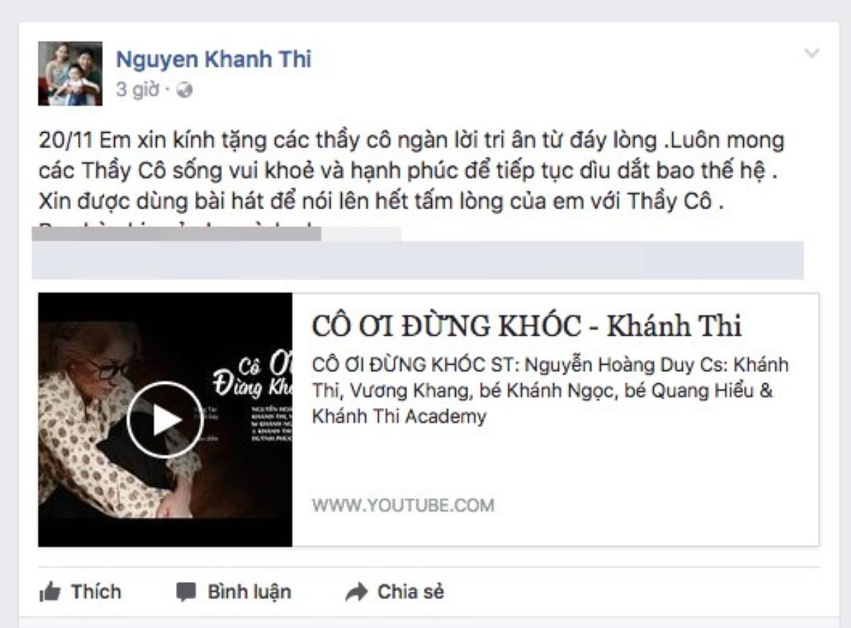 Khánh Thi lại mượn lời bài hát Cô ơi đừng khóc do mình thể hiện để thay lời muốn nói.