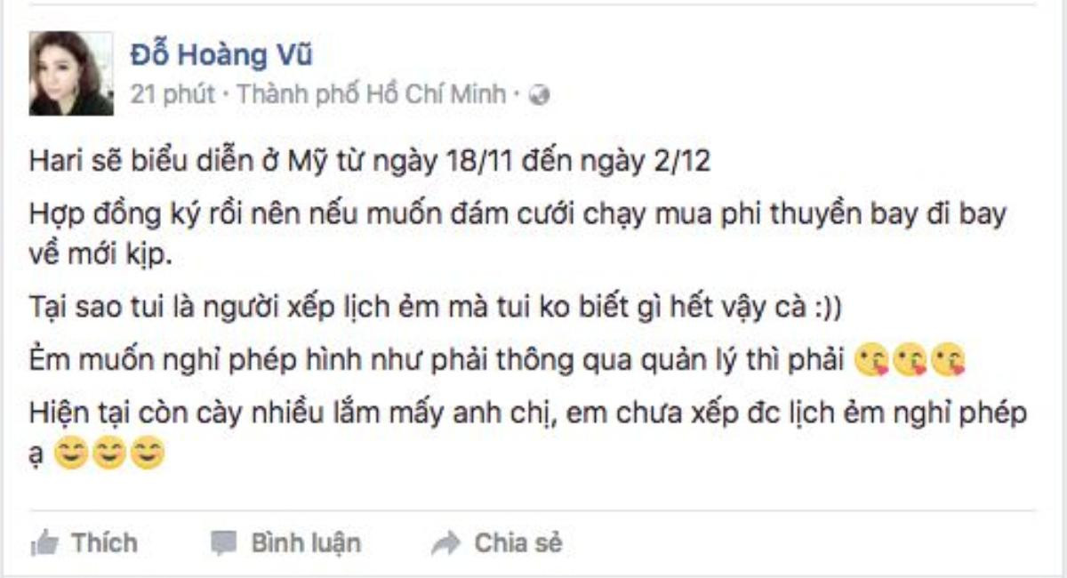 Chia sẻ của quản lý Hari Won trước đó.