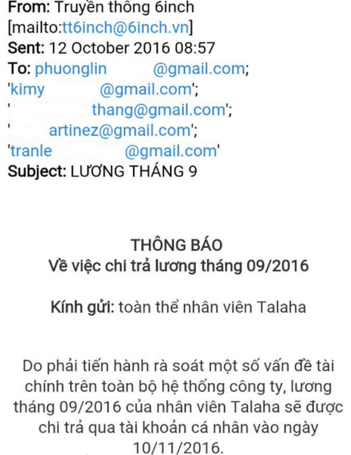 Thông tin 6Inch nợ lương bị đăng tải trên website Talaha.vn. Anh Võ khẳng định, mail là giả mạo.