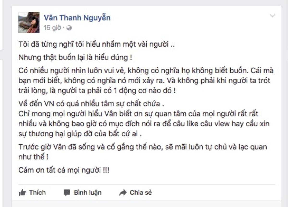 Vân Hugo: "Nói ra để câu like câu view hay cầu xin sự thương hại giúp đỡ của bất cứ ai"