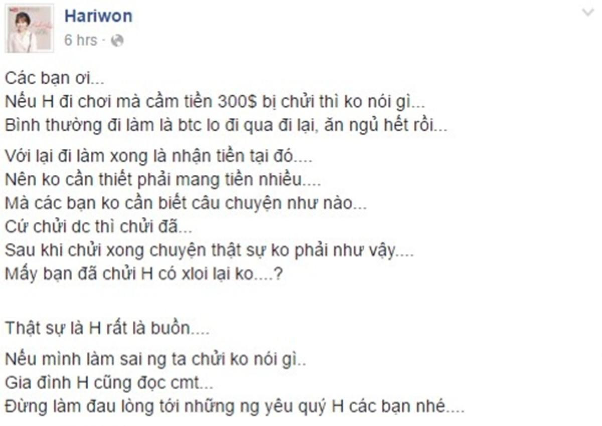 "Tâm thư" của Hari Won, giải thích về việc chỉ mang 300 USD đi Mỹ lưu diễn.