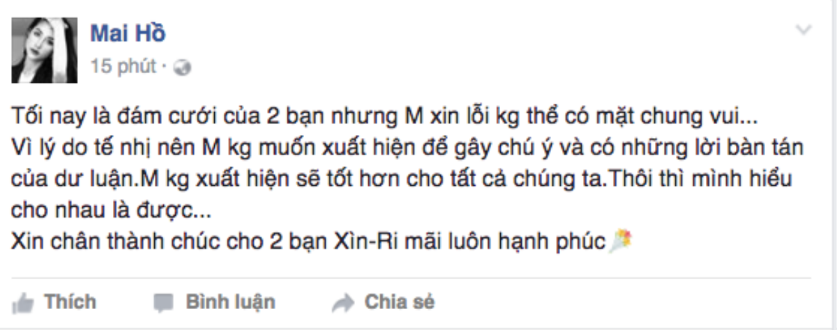 Mai Hồ thay đổi phút chót, không dự đám cưới Hari - Trấn Thành Ảnh 1