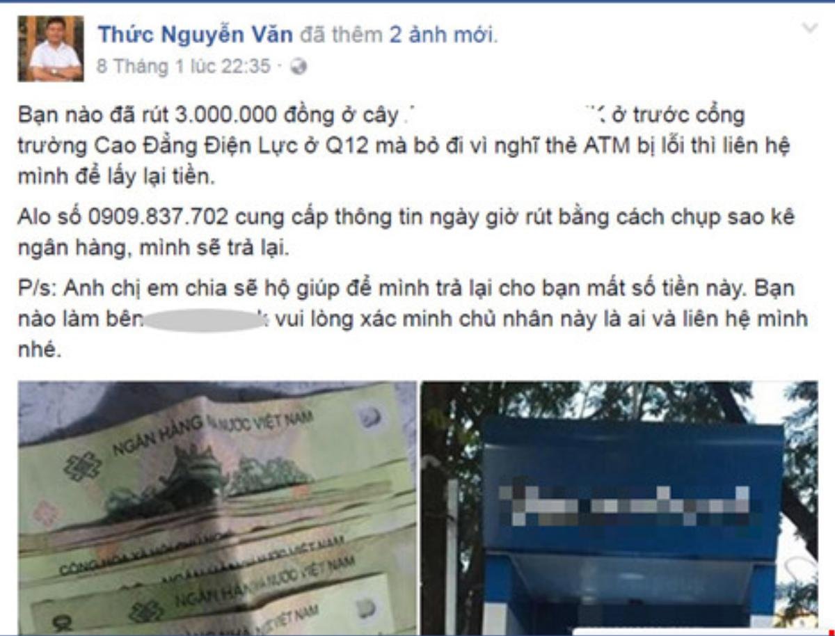 Nhờ Facebook tìm được tiền đánh rơi ở trụ ATM Ảnh 1