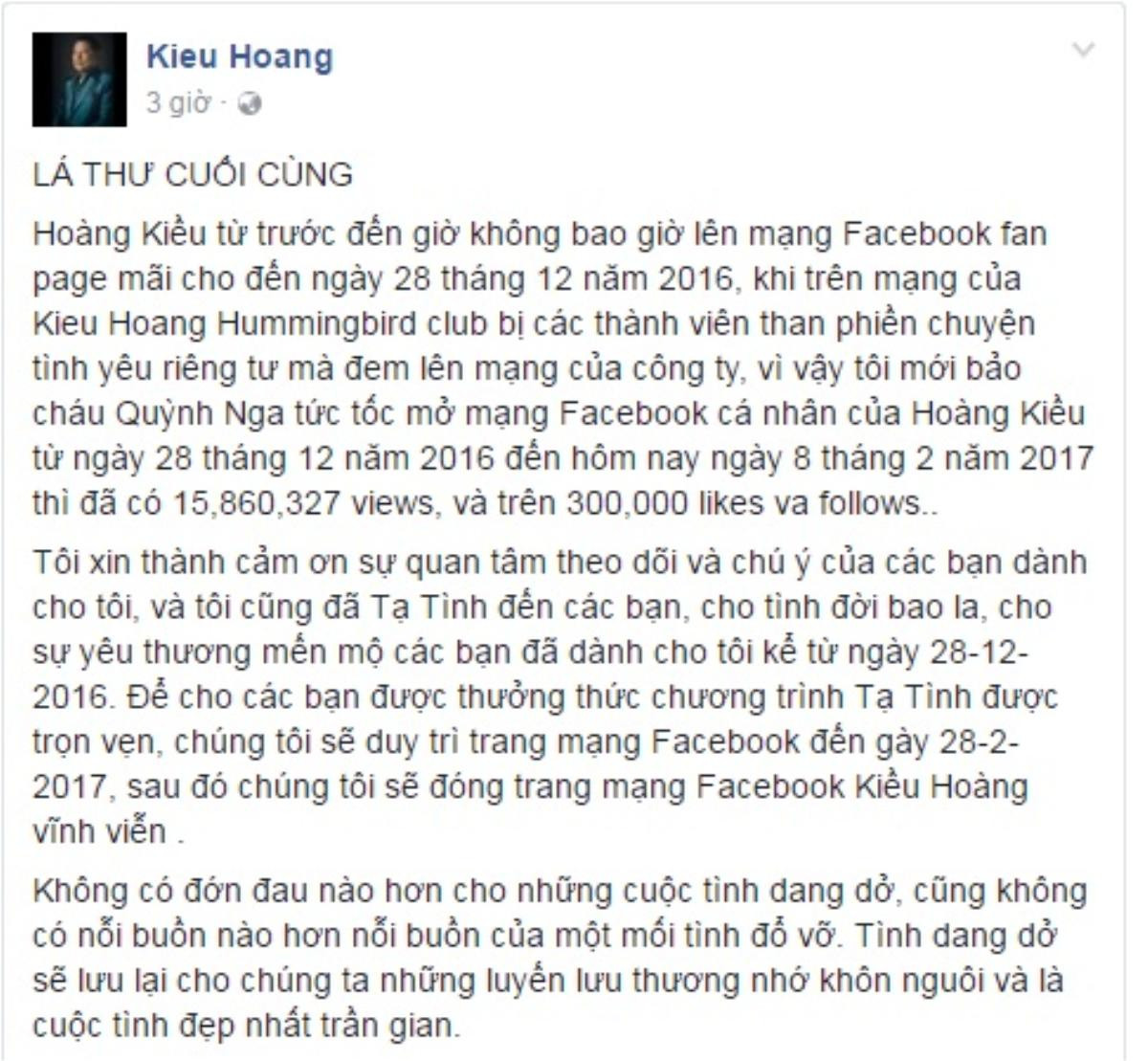 Tỷ phú Hoàng Kiều tuyên bố đóng facebook, gửi lời nhớ thương cuộc tình cũ Ảnh 1