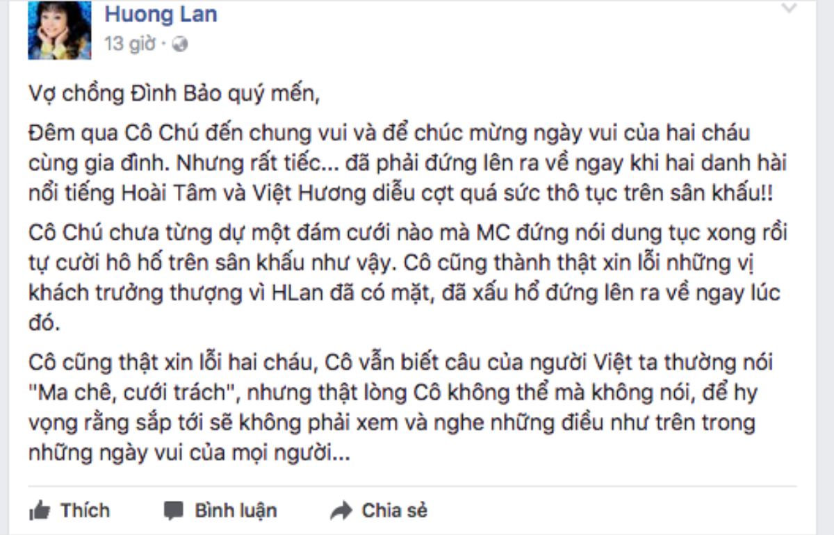 Chú rể Đình Bảo vẫn cám ơn Việt Hương mặc cho danh ca Hương Lan chê trách Ảnh 1