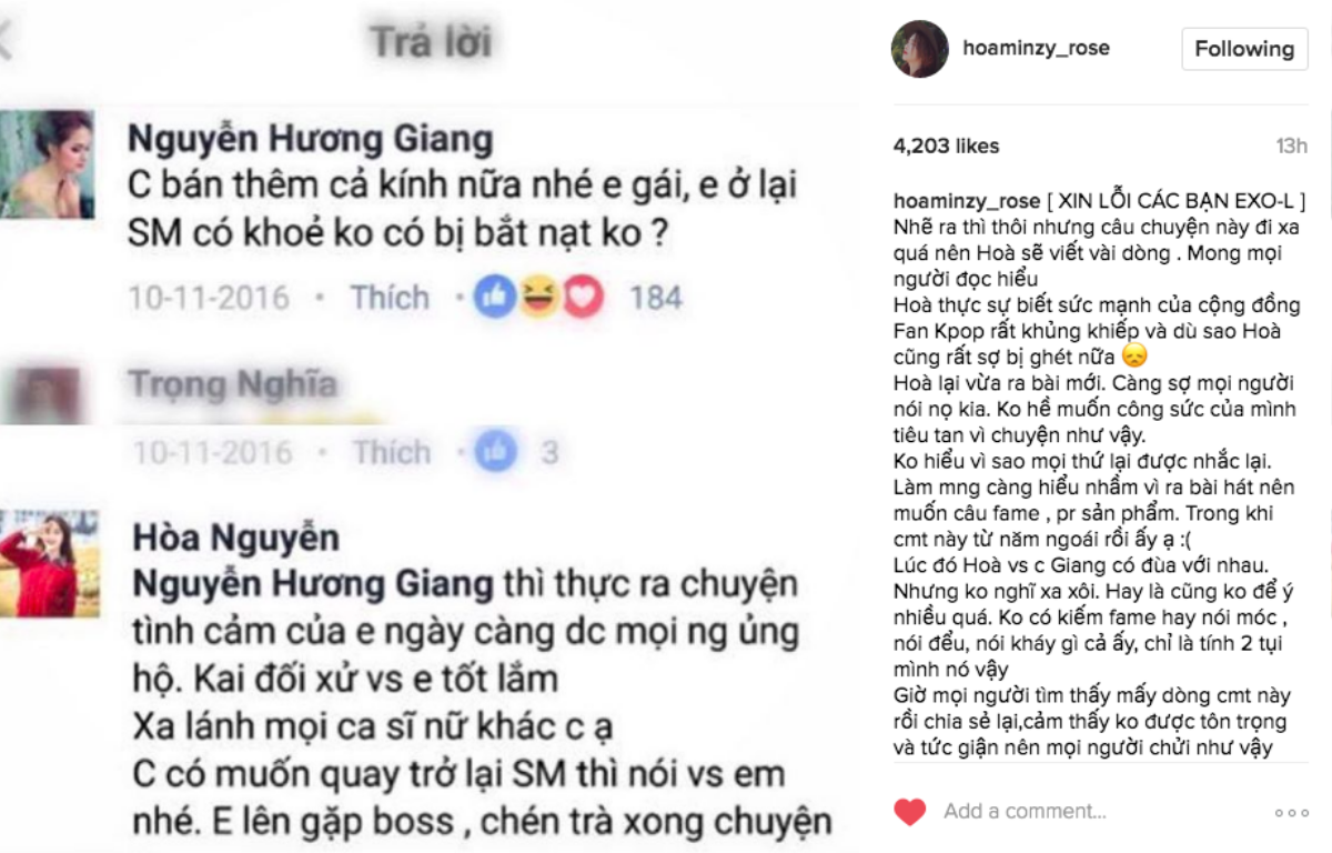 Hòa Minzy viết thư xin lỗi vì mang chuyện tình cảm của Kai (EXO) và Krystal ra đùa cợt Ảnh 1