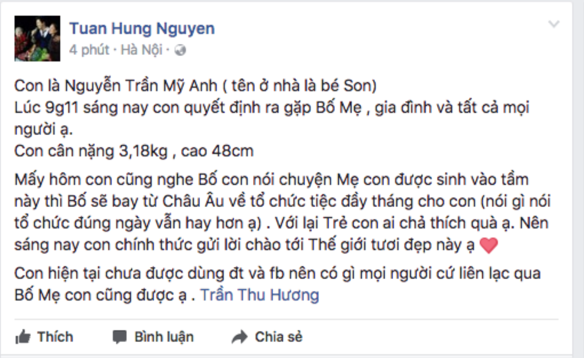 Tuấn Hưng hạnh phúc khoe nhóc tì thứ hai vừa sinh nặng 3,18kg Ảnh 1