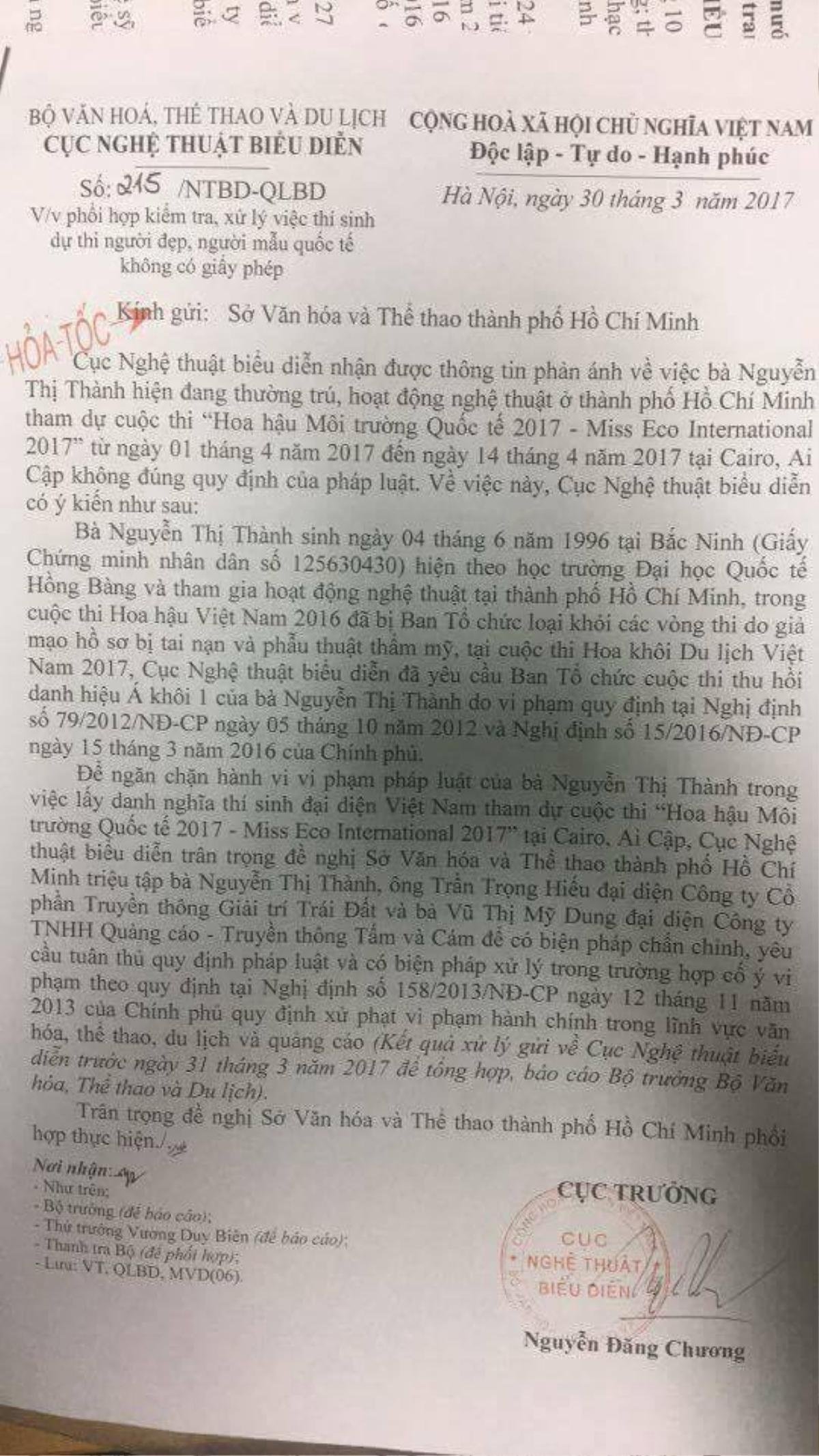 Dù sắp đến Ai Cập, Nguyễn Thị Thành vẫn bị Cục Nghệ thuật triệu tập xử phạt hành chính Ảnh 2