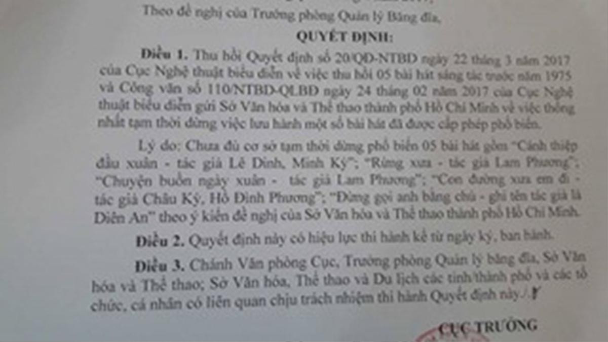 Cục NTBD thu hồi quyết định tạm dừng lưu hành 5 ca khúc trước 1975 Ảnh 2