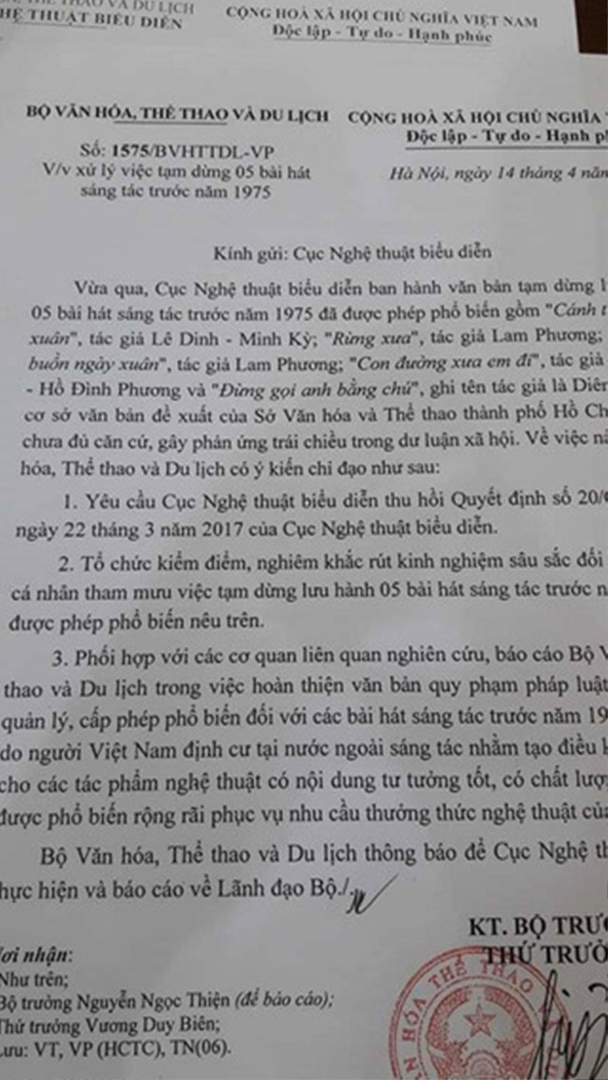 Cục NTBD thu hồi quyết định tạm dừng lưu hành 5 ca khúc trước 1975 Ảnh 1