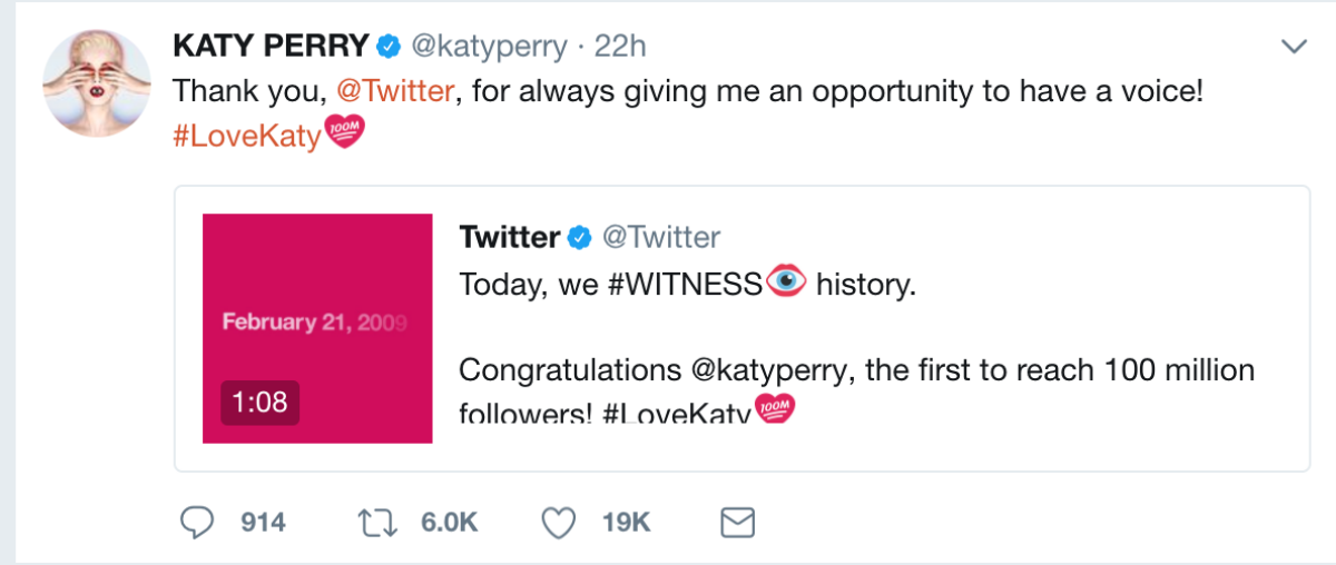 Katy Perry là ca sĩ người Mỹ đầu tiên vượt mốc 100 triệu theo dõi trên Twitter Ảnh 1